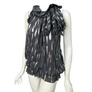 ST JOHN SoCa Charcoal Gray Silver Metallic Silk Tie Neck Sleeveless Top Small E2